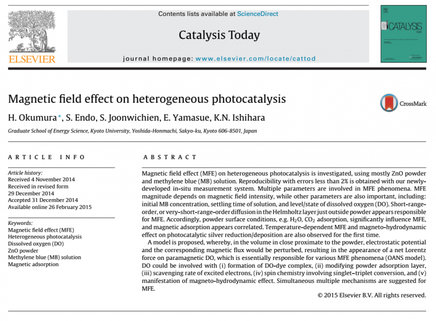 An Original Article Publication of Prof. Okumura on Catalysis Today Journal